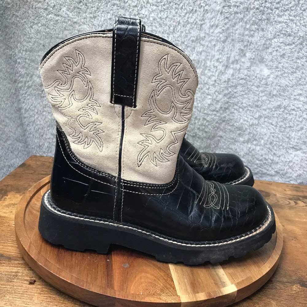 Ariat Fatbaby Cowgirl Boots Women 7B Black Croc Cream Embossed Suede Western